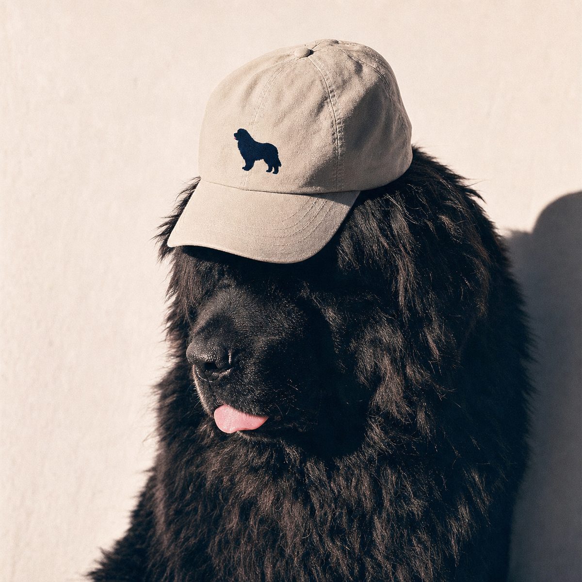 Harper, a black Newfoundland, wearing a cream cap embroidered with her own silhouette